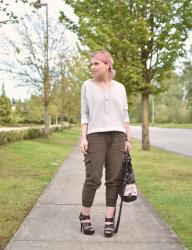 Well heeled:  Styling slouchy cargos with a sweatshirt and statement sandals