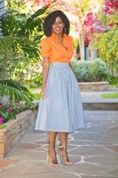 Orange Button-Up Shirt + Striped Full Midi Skirt