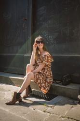 Outfit: off shoulder floral dress, snakeskin boots