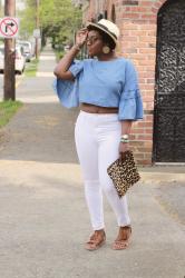 Frilled Sleeve Denim Crop Top