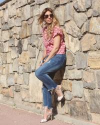 Red blouse and Jeans