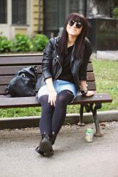 Denim skirt and leather jacket 