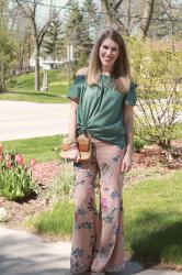 Floral Pants and Green OTS Top 