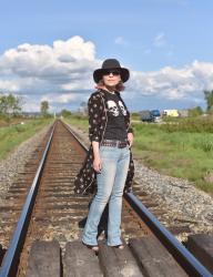 Me time:  Styling a skull-graphic tee with flare jeans, a floral shirtdress, and a floppy fedora