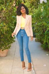 Double Breasted Blazer + One Shoulder Tank + High Waist Jeans