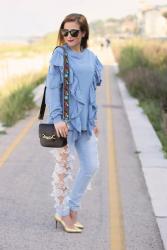 Lace cut out jeans and ruffled sweatshirt