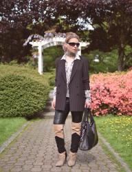 Boots and chapel:  Styling over-the-knee boots with a slouchy suit jacket and vegan leather leggings