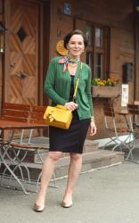 Office look with a pencil skirt, cardigan and bright fresh spring colours