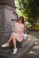Outfit: pink dress, white kicks