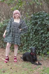 Outfit: Elephant Print Bell Sleeved Dress with Raspberry Red Heels