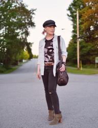 Nouveau rodeo:  layered graphic top and chambray shirt with skinny jeans, ankle boots, and a baker boy cap