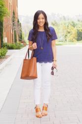 White + Blue + Cognac = Heart Eyes! (And this top is on major sale!)