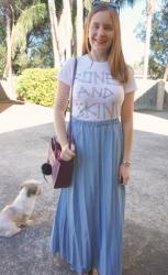 White Band Tees, Blue Maxi Skirts and Purple Rebecca Minkoff Mini MAB Tote