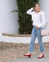 Fuscia shoes and white frills