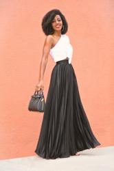 One Shoulder Knotted Top + Pleated Maxi Skirt