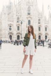 OUTFIT: When in Milan - Bomberjacke und Kleid mit Rüschen