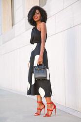 One Shoulder Silk Blouse + B&W Polka Dot Midi Skirt