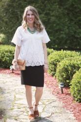 Black Pencil Skirt and White Eyelet Blouse