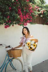 Off the Shoulder Stripes and White Denim