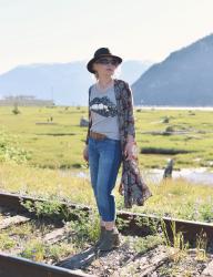 View finder:  cropped jeans with a sequinned tee, floral kimono, booties, and a fedora