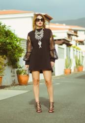 Lace Panel Mock Neck Sweater Dress / FASHION