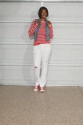 Distressed White Jeans + Red and White Stripe Tee