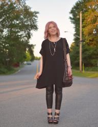 Pink fix:  Styling a tunic dress with vegan leather leggings and platform sandals