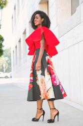 Ruffled One Shoulder Top + Floral Pleated Midi Skirt