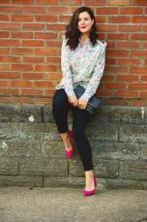 Floral Shirts & Hot Pink Shoes (An outfit for in-betweeny weather)