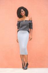 DIY Off Shoulder Sweater + Jersey Pencil Midi Skirt