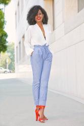 Draped Long Sleeve Blouse + High Waist Chambray Pants