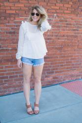 Wedges with a Breezy Cream Ruffled Blouse.