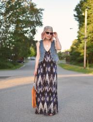 Block party: styling a beachy maxi dress with a denim vest and head scarf