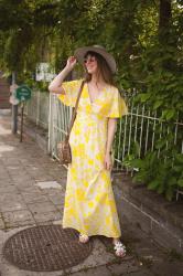 Outfit: yellow 70s maxi dress, striped wide brim hat