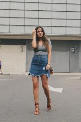 denim skirt & lace-up sandals