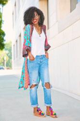 Printed Kimono + Tank + Distressed Boyfriend Jeans