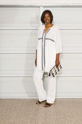 White Tie Neck Embroidered Tunic + White Linen Pants