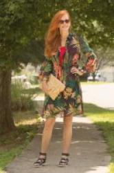 Sheer Tropical Tunic/ Jean Shorts and Black Leather Sandals