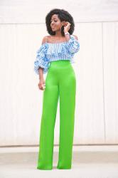 Striped Pleated Sleeve Off Shoulder + Silk High Waist Pants