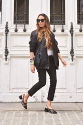 black jeans, black bomber