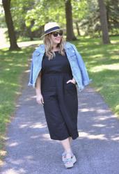 Black Old Navy Jumpsuit + Gingham Espadrilles