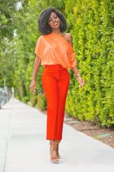 Draped Off Shoulder Blouse + Cigarette Pants