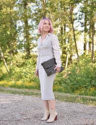 Wearing what I like:  polka dot blouse, jersey midi dress, and ivory ankle boots