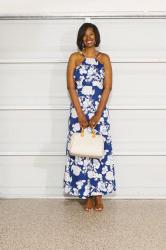 Blue Halter Neck Floral Print Maxi Dress