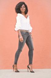 Collared Off Shoulder Button-Up + Ripped Faded Jeans