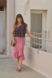 Outfit ♥ Mango One Shoulder Striped Ruffle Top and Zara Frill Gingham Skirt ♥