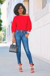 Asymmetric Off Shoulder Top + Twist Skinny Ankle Jeans