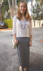 Maxi Skirts in Cooler Weather with Longer Sleeve Tops