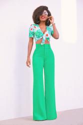 Print Tie Front Crop Top + High Waist Wide Leg Pants