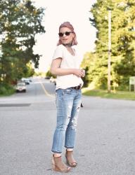 Best before:  distressed cropped flares, slouchy v-neck tee, bandana, and open-toe boots